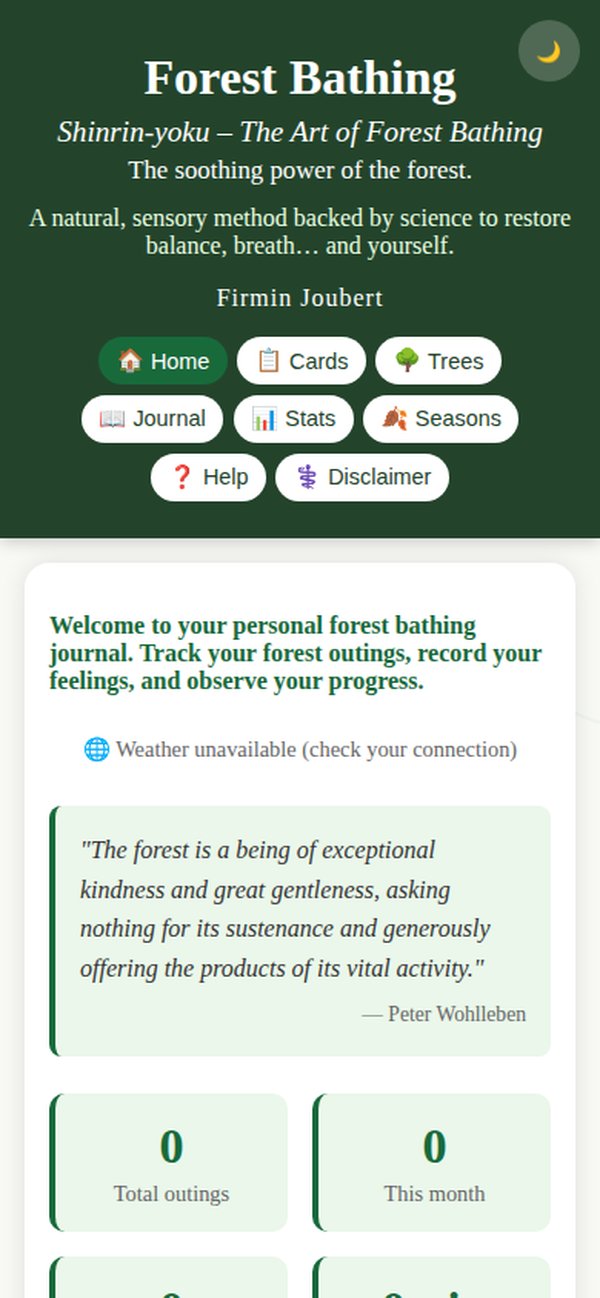 Forest Bathing companion app — home screen with personal forest journal