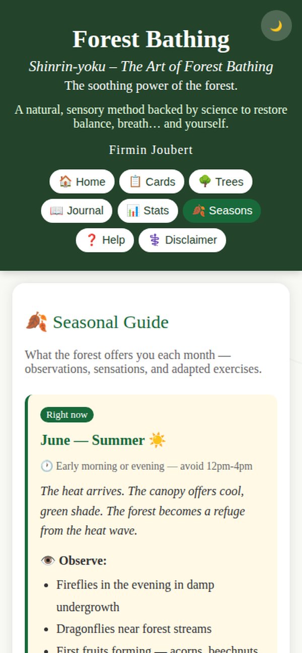 Forest Bathing app — seasonal guide with month-by-month observations and exercises