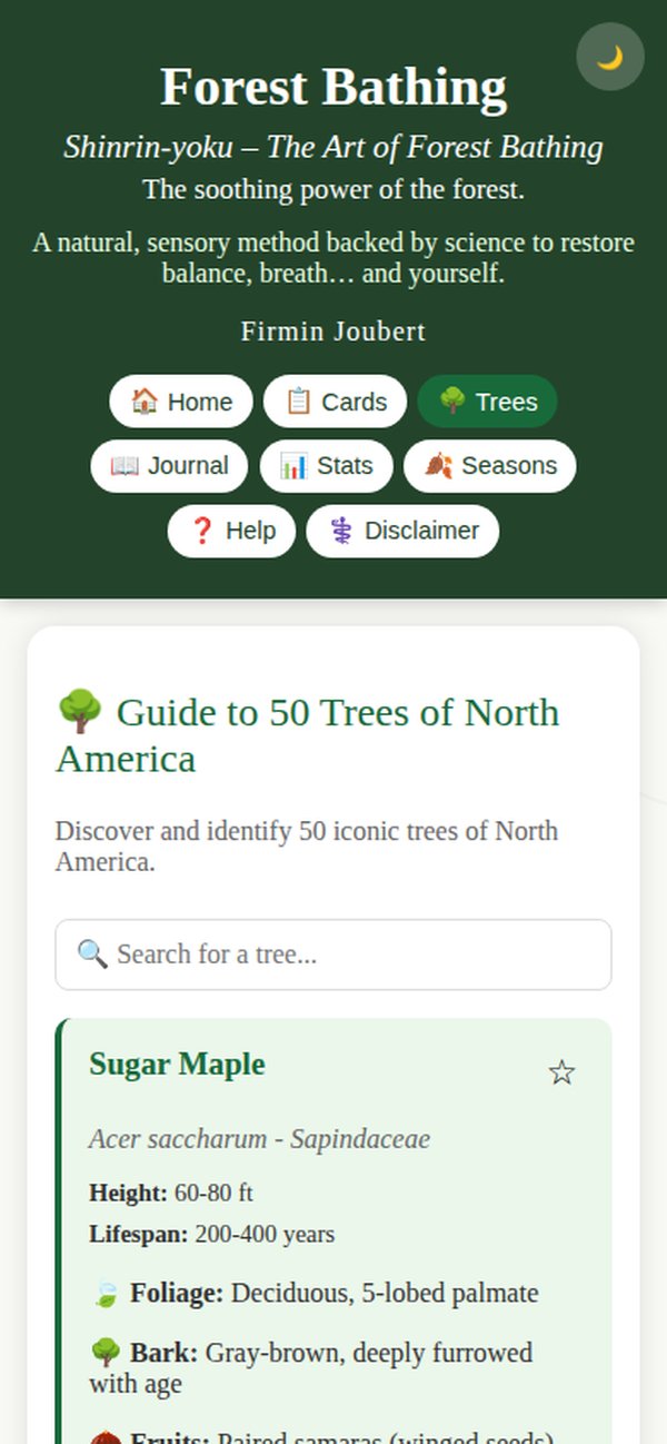 Forest Bathing app — guide to 50 trees of North America with identification