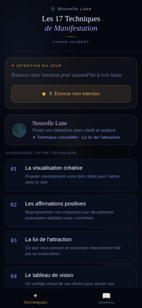 Application Les 17 Techniques de Manifestation — intention du jour et liste des techniques