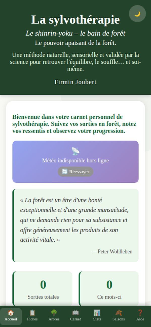 Application Sylvothérapie de Firmin Joubert — écran d'accueil et carnet de sorties en forêt