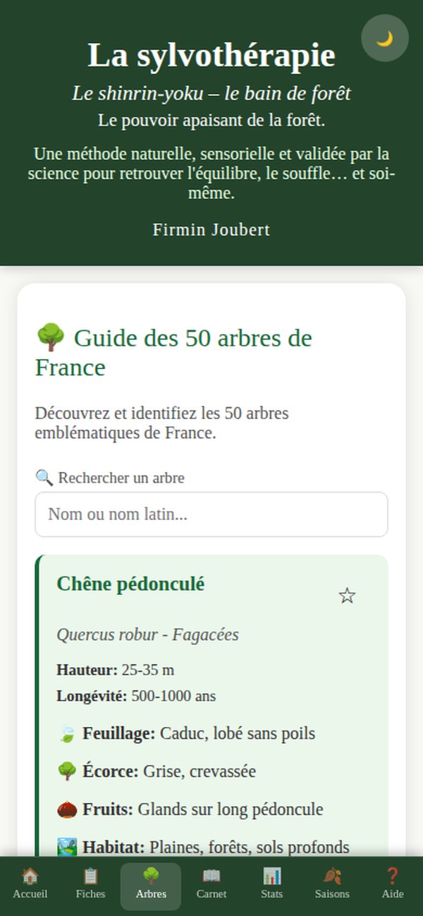 Application Sylvothérapie — guide des 50 arbres de France avec reconnaissance