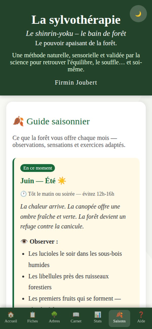 Application Sylvothérapie — guide saisonnier mois par mois, observations et exercices